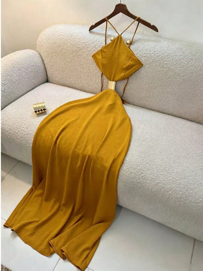 Summer Women's Dress, Vacation Style Midi Strap Backless Hollow Out Dress, Strap Dress, Elegant Dress Brown, Vacationcore