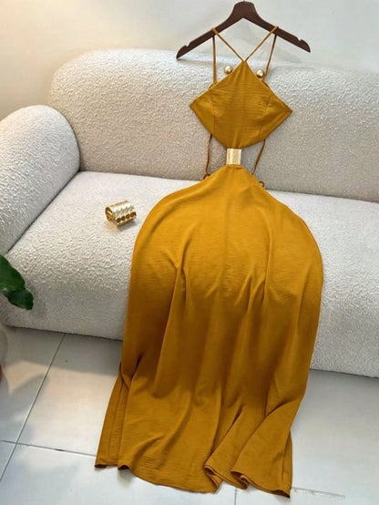 Summer Women's Dress, Vacation Style Midi Strap Backless Hollow Out Dress, Strap Dress, Elegant Dress Brown, Vacationcore