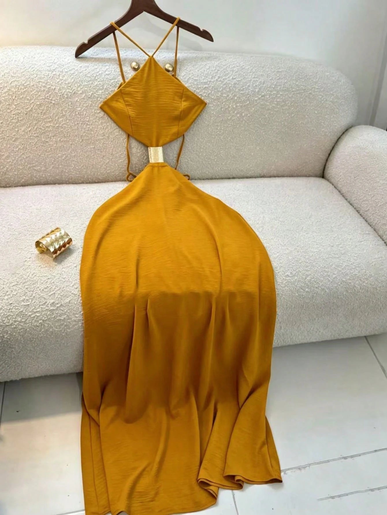 Summer Women's Dress, Vacation Style Midi Strap Backless Hollow Out Dress, Strap Dress, Elegant Dress Brown, Vacationcore