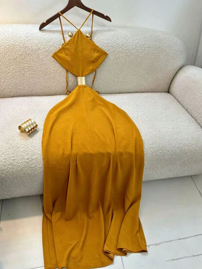 Summer Women's Dress, Vacation Style Midi Strap Backless Hollow Out Dress, Strap Dress, Elegant Dress Brown, Vacationcore
