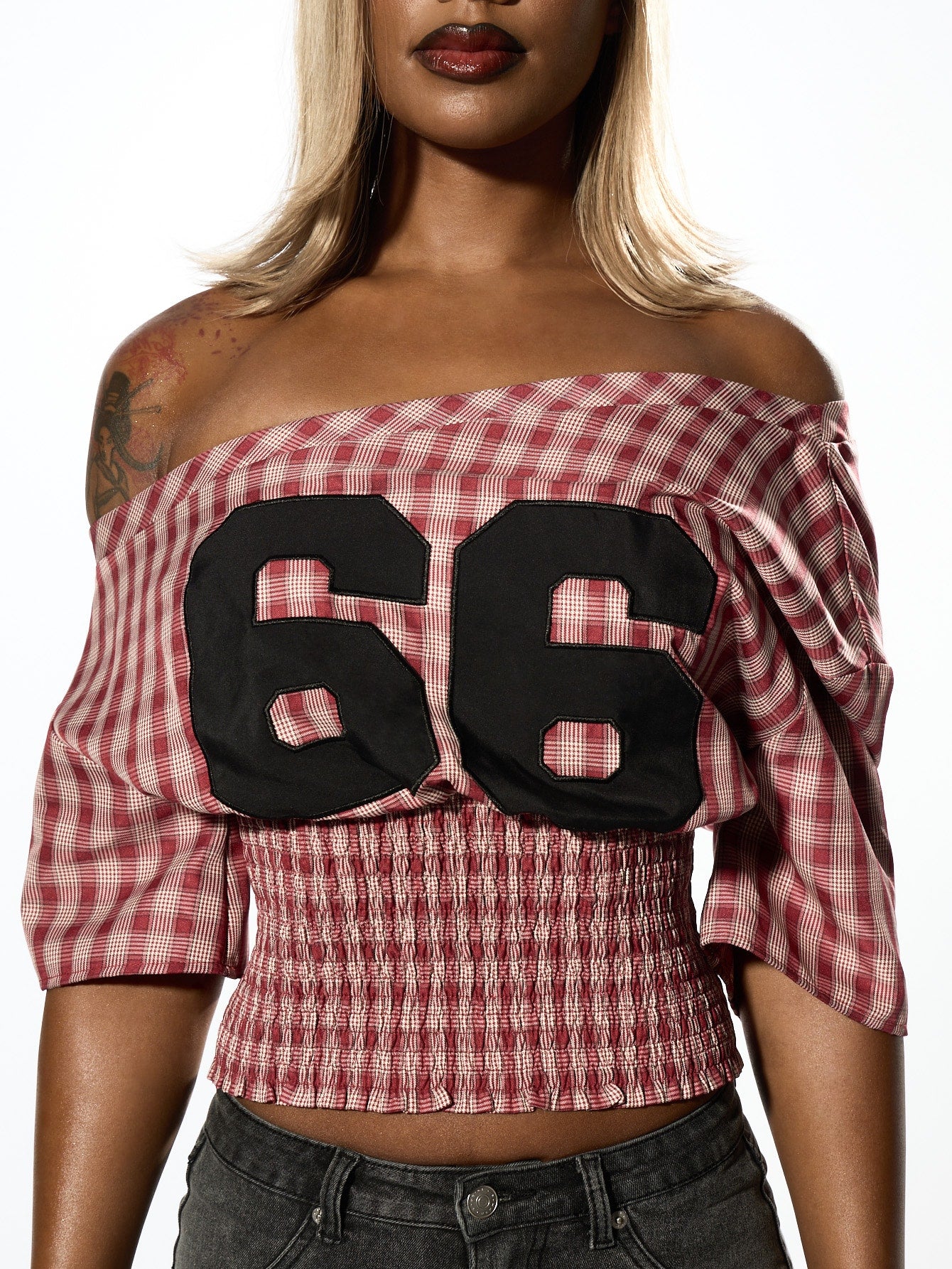 SUMWON Plus Size Off Shoulder Gingham Check Crop Top With Smocked Waist And Numeric Print