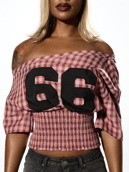SUMWON Plus Size Off Shoulder Gingham Check Crop Top With Smocked Waist And Numeric Print