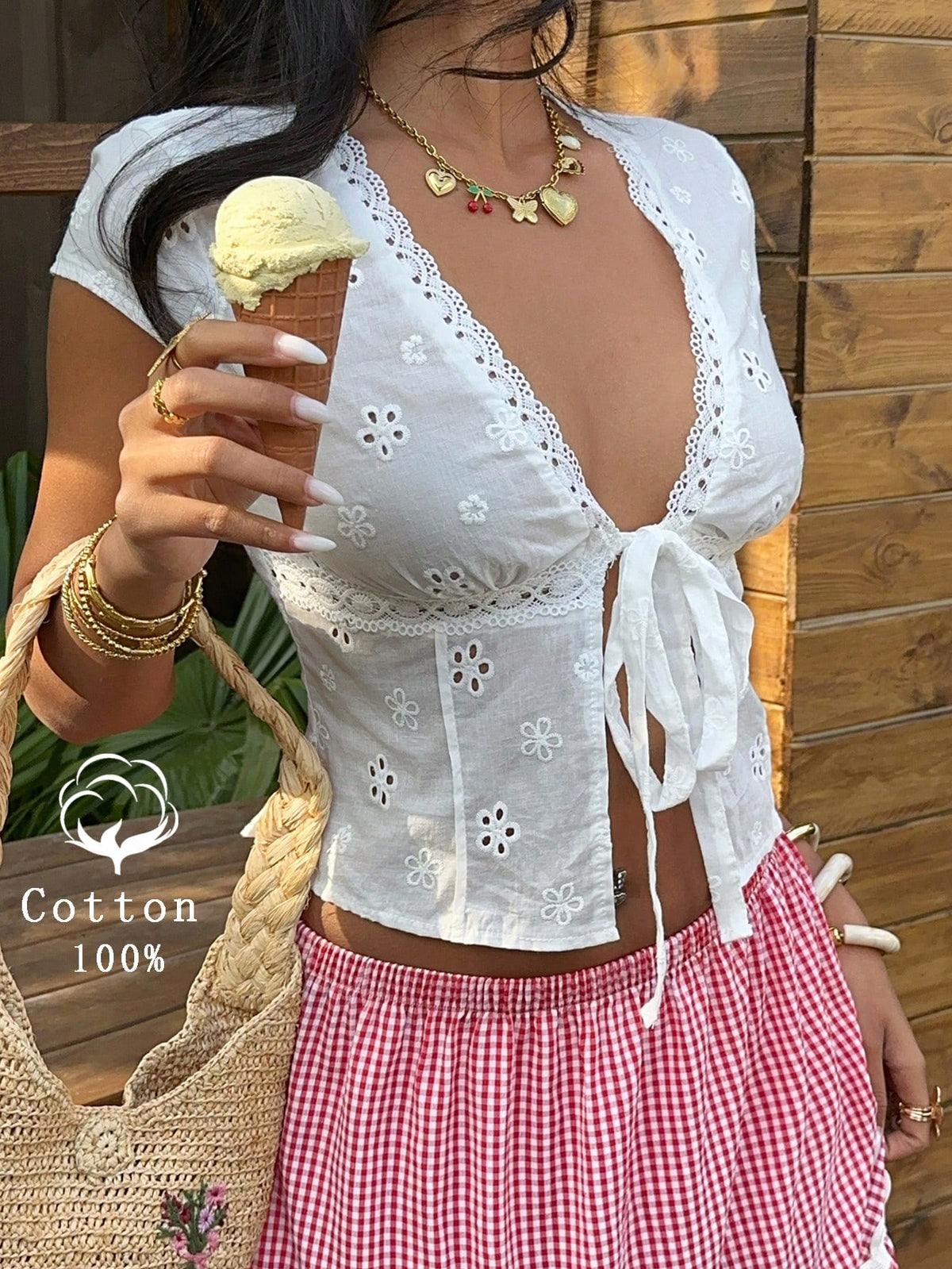 Sunnyshic Lace Trim V-Neck Tie Design Casual Blouse For Women, Elegant French Style, Versatile For Summer