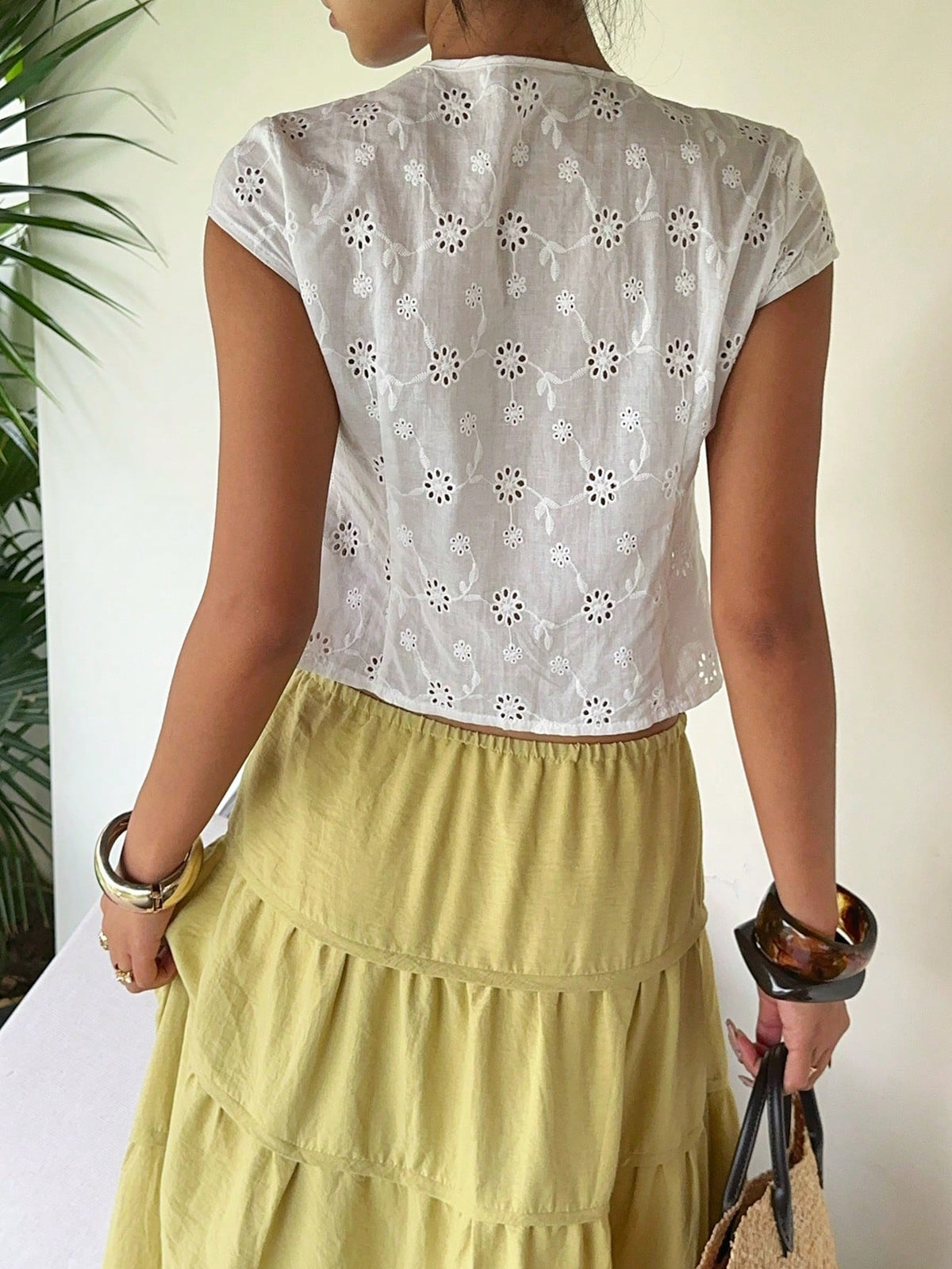 Sunnyshic Lace Trim V-Neck Tie Design Casual Blouse For Women, Elegant French Style, Versatile For Summer