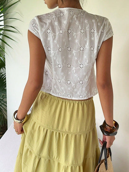 Sunnyshic Lace Trim V-Neck Tie Design Casual Blouse For Women, Elegant French Style, Versatile For Summer