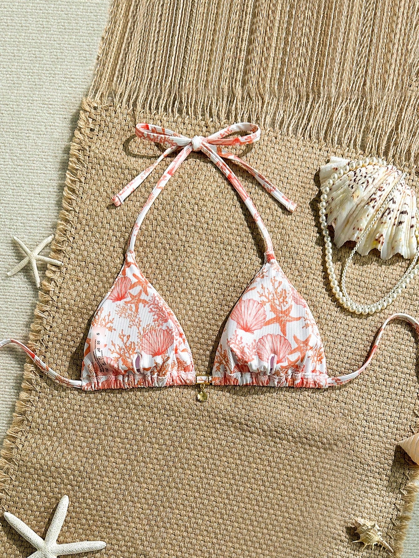 Sunnyshic Summer Holiday Random Print Ribbed Textured Fabric Gold Shell Decor Halter Triangle Cup Sexy Swimwear Top Bathers Tropical