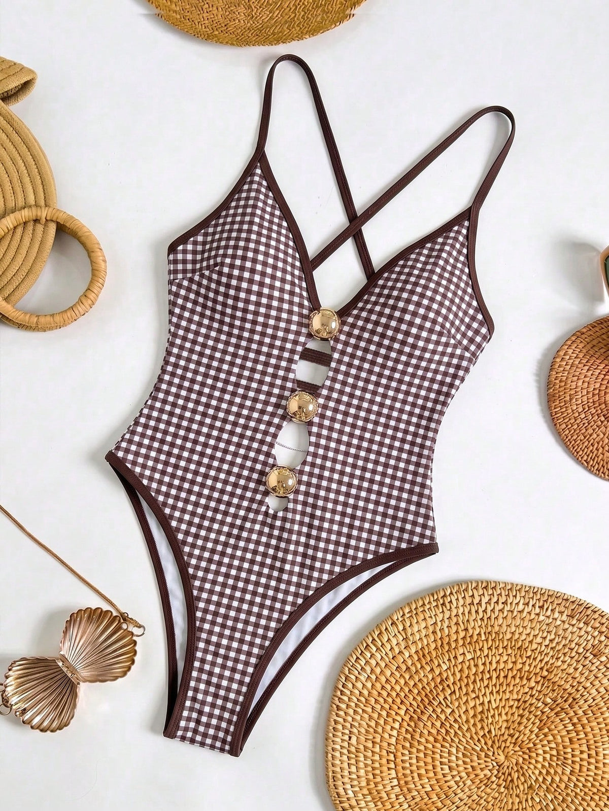 Sunnyshic Women's Spring Summer Autumn Beach Vacation Casual Elegant Seaside Hot Spring Fashion New Striped Sexy Backless Knot Cutout Criss-Cross Strap Ball Textured High-End One-Piece Swimsuit