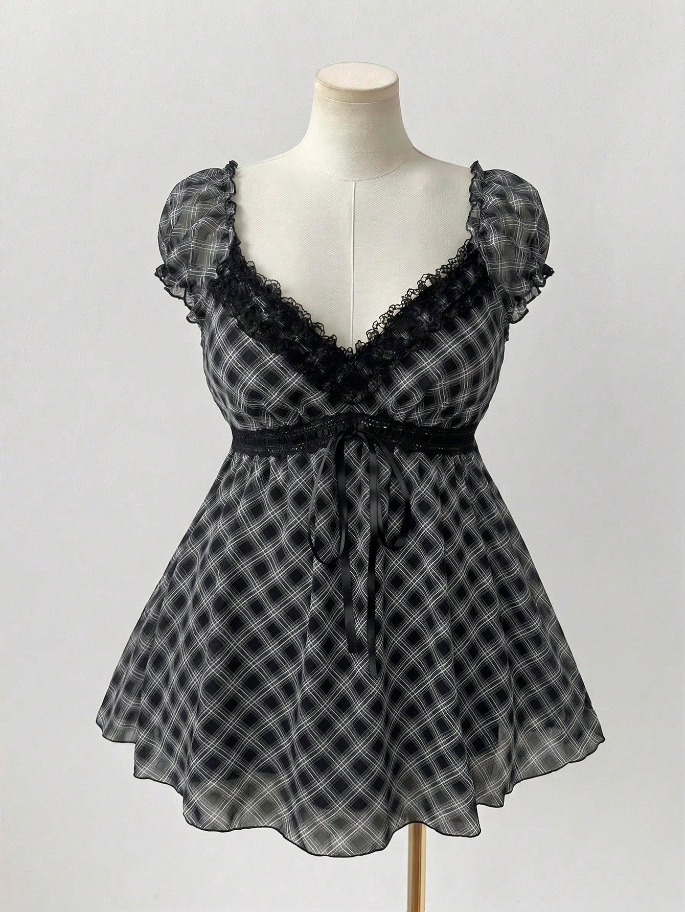 Sunspun Plus Size Summer Casual Plaid Lace Trim Shirt