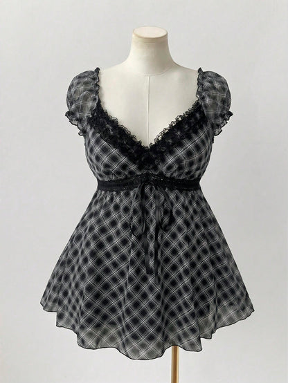Sunspun Plus Size Summer Casual Plaid Lace Trim Shirt