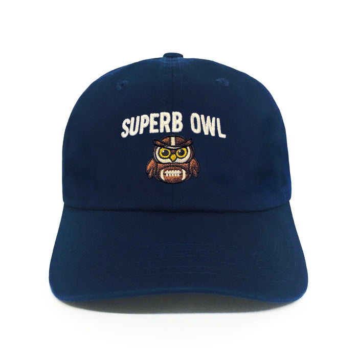 Superb Owl embroidered dad hat navy blue with owl football design from Dad Brand