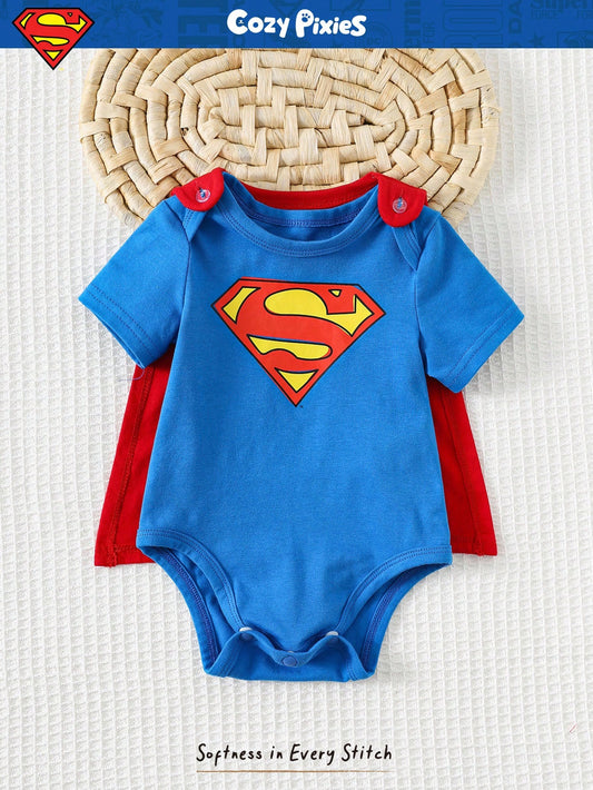 SUPERMAN X Cozy Pixies Newborn Baby Boy Graphic Round Neck Short Sleeve Bodysuit&Solid Color Cape 2pcs Set Superhero Cartoon Clothes Character