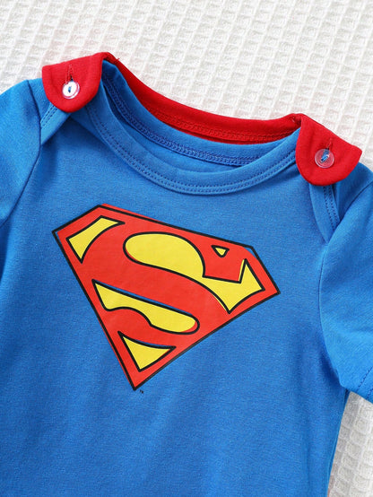 SUPERMAN X Cozy Pixies Newborn Baby Boy Graphic Round Neck Short Sleeve Bodysuit&Solid Color Cape 2pcs Set Superhero Cartoon Clothes Character