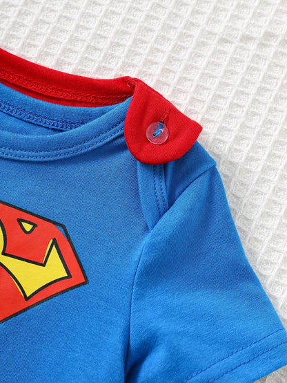 SUPERMAN X Cozy Pixies Newborn Baby Boy Graphic Round Neck Short Sleeve Bodysuit&Solid Color Cape 2pcs Set Superhero Cartoon Clothes Character