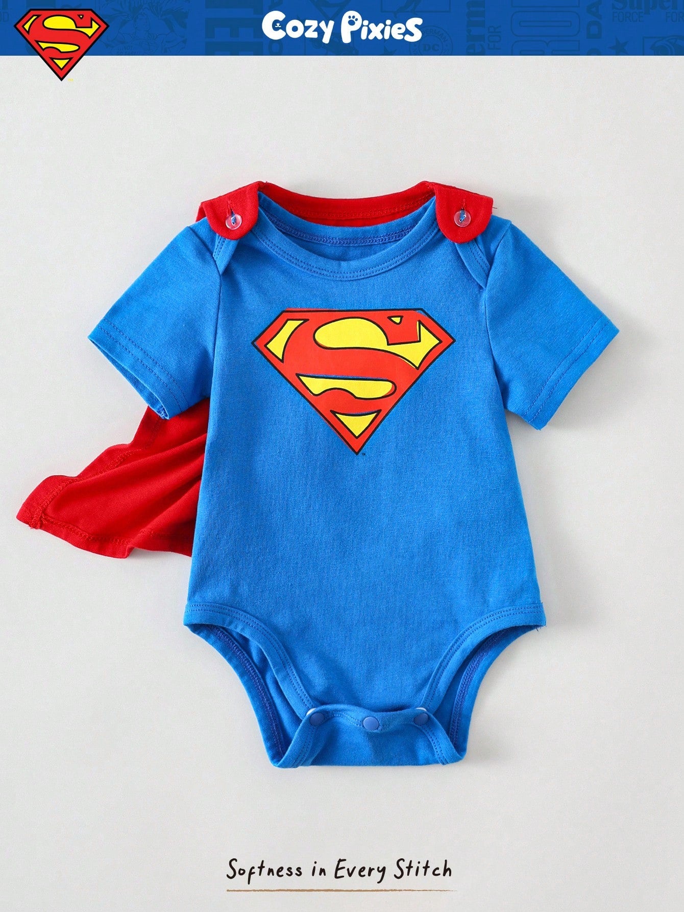 SUPERMAN X Cozy Pixies Newborn Baby Boy Graphic Round Neck Short Sleeve Bodysuit&Solid Color Cape 2pcs Set Superhero Cartoon Clothes Character