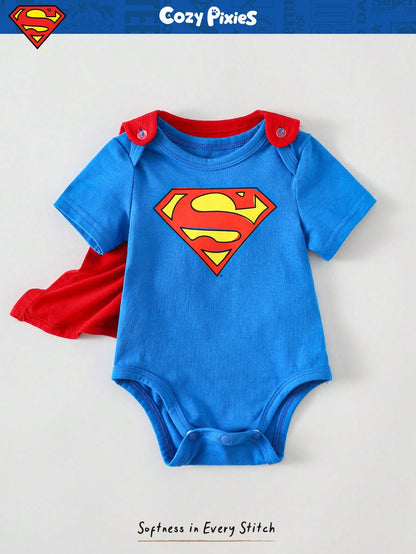 SUPERMAN X Cozy Pixies Newborn Baby Boy Graphic Round Neck Short Sleeve Bodysuit&Solid Color Cape 2pcs Set Superhero Cartoon Clothes Character