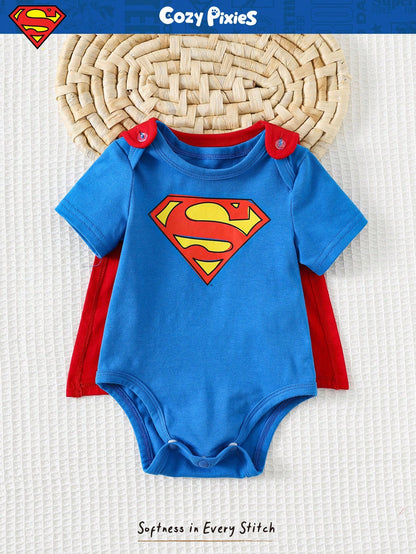 SUPERMAN X Cozy Pixies Newborn Baby Boy Graphic Round Neck Short Sleeve Bodysuit&Solid Color Cape 2pcs Set Superhero Cartoon Clothes Character