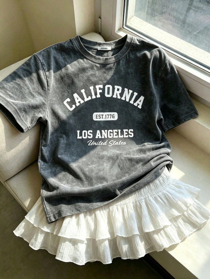 Sweet & Spicy Style Sakura Pink Tie-Dye Short Sleeve Korean Slouchy California Letter Print Loose Fit Women's T-Shirt Ins Style Casual Summer