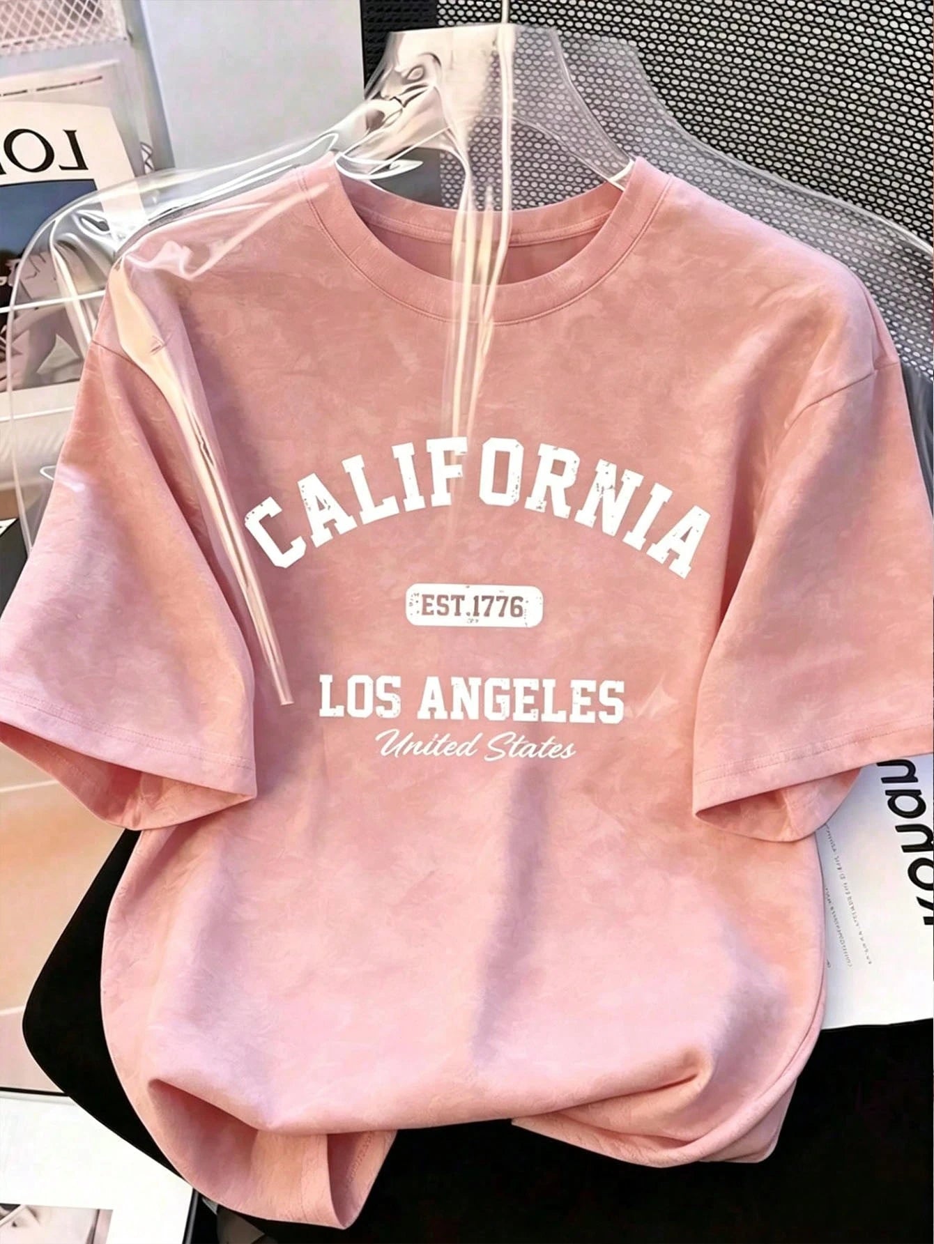 Sweet & Spicy Style Sakura Pink Tie-Dye Short Sleeve Korean Slouchy California Letter Print Loose Fit Women's T-Shirt Ins Style Casual Summer
