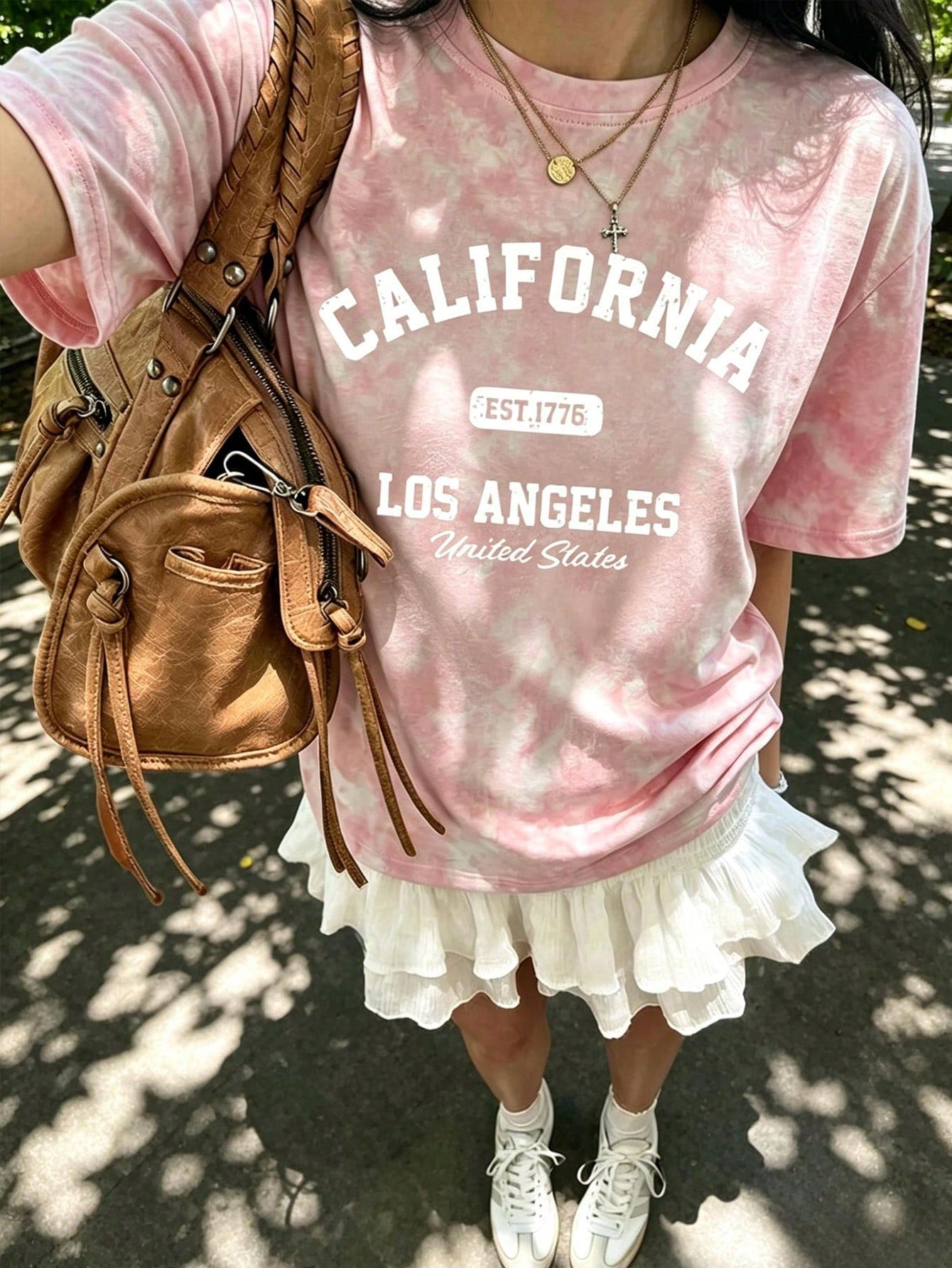 Sweet & Spicy Style Sakura Pink Tie-Dye Short Sleeve Korean Slouchy California Letter Print Loose Fit Women's T-Shirt Ins Style Casual Summer