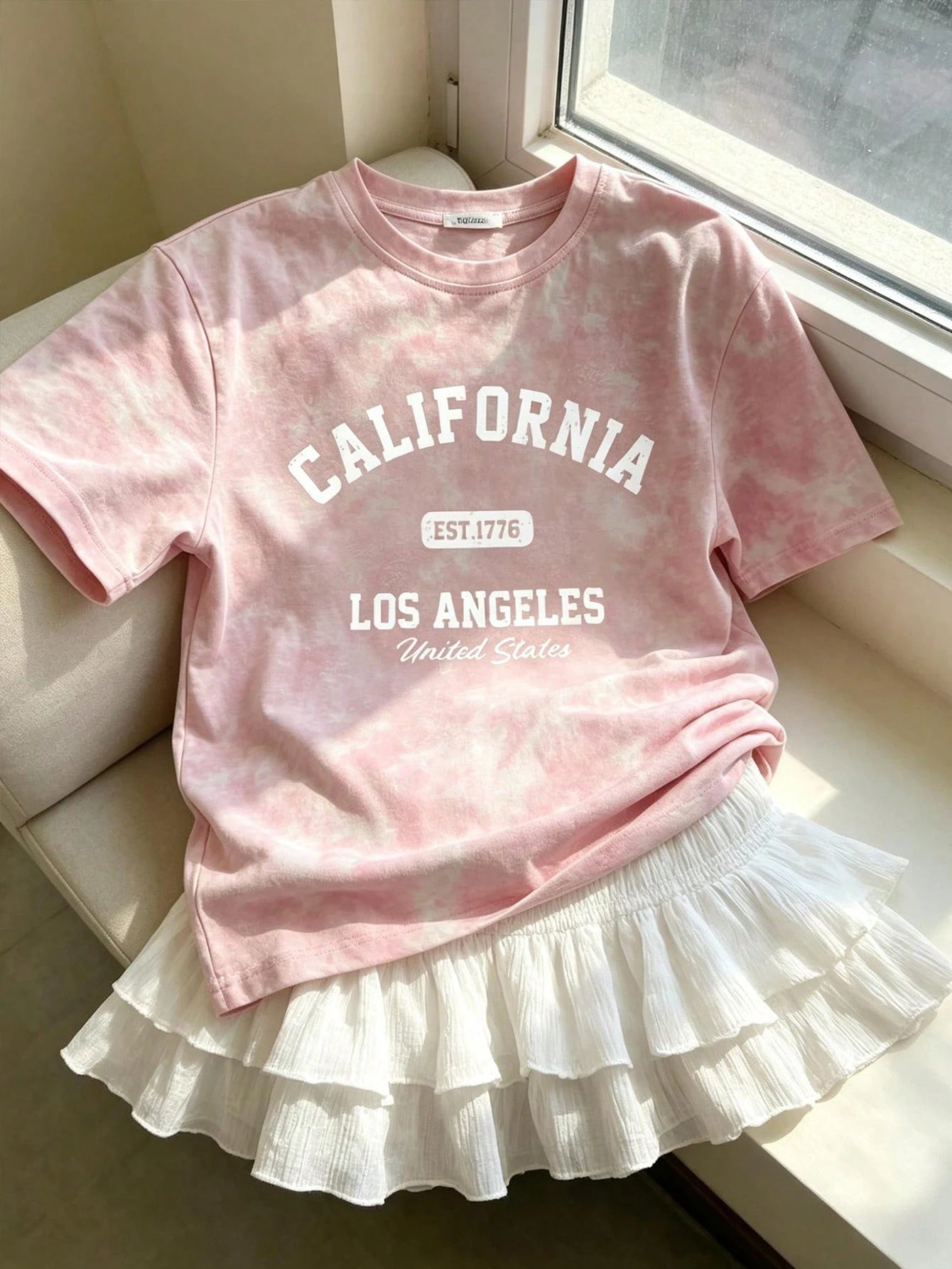Sweet & Spicy Style Sakura Pink Tie-Dye Short Sleeve Korean Slouchy California Letter Print Loose Fit Women's T-Shirt Ins Style Casual Summer