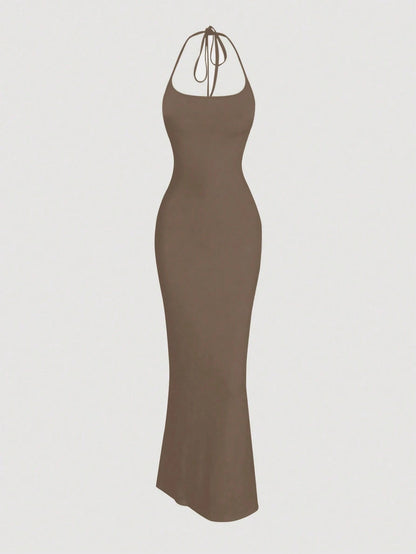 Sweetra 1pc Women Solid Color Mermaid Hem Long Elegant Halter Neck Dress Maxi Women Outfit