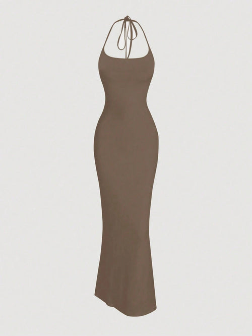 Sweetra 1pc Women Solid Color Mermaid Hem Long Elegant Halter Neck Dress Maxi Women Outfit