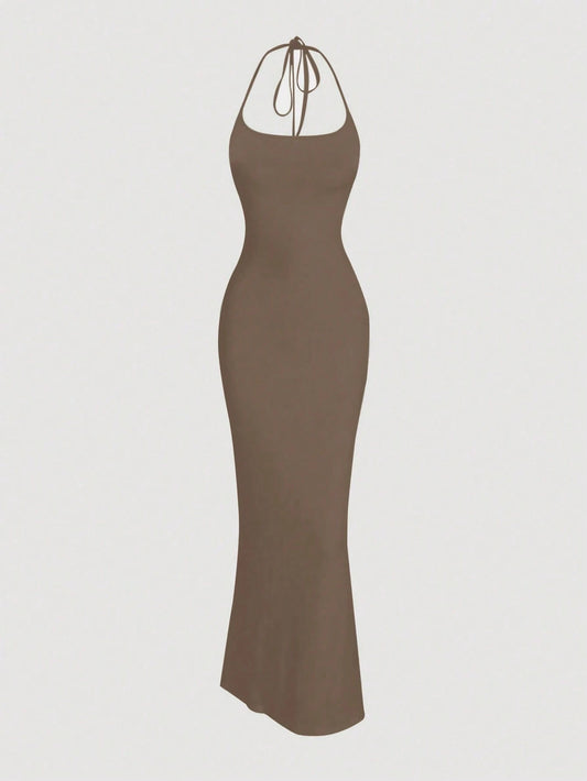 Sweetra 1pc Women Solid Color Mermaid Hem Long Elegant Halter Neck Dress Maxi Women Outfit