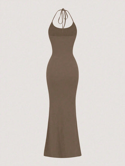 Sweetra 1pc Women Solid Color Mermaid Hem Long Elegant Halter Neck Dress Maxi Women Outfit