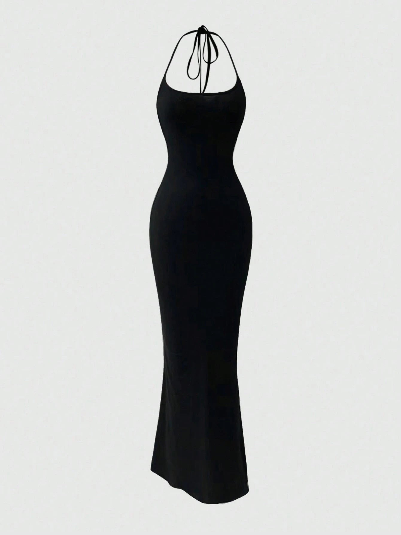 Sweetra 1pc Women Solid Color Mermaid Hem Long Elegant Halter Neck Dress Maxi Women Outfit