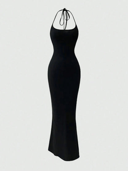 Sweetra 1pc Women Solid Color Mermaid Hem Long Elegant Halter Neck Dress Maxi Women Outfit