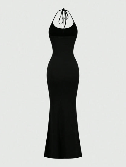 Sweetra 1pc Women Solid Color Mermaid Hem Long Elegant Halter Neck Dress Maxi Women Outfit