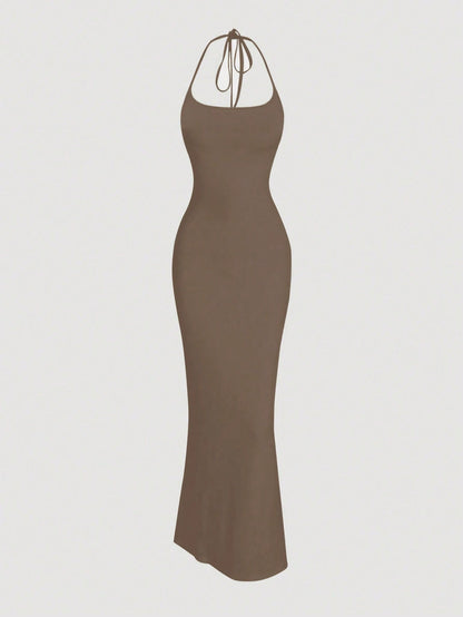 Sweetra 1pc Women Solid Color Mermaid Hem Long Elegant Halter Neck Dress Maxi Women Outfit