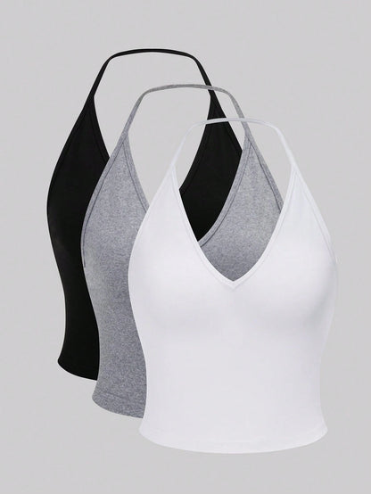 Sweetra 3pcs Solid Halter Top