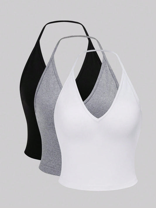Sweetra 3pcs Solid Halter Top