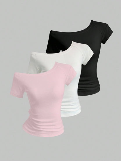 Sweetra 3pcs Women's Summer Asymmetric Neck Fitted T-Shirts, Basic Asymmetric Neck Tops In Black, White, Pink