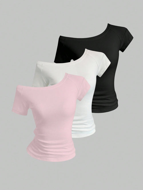 Sweetra 3pcs Women's Summer Asymmetric Neck Fitted T-Shirts, Basic Asymmetric Neck Tops In Black, White, Pink