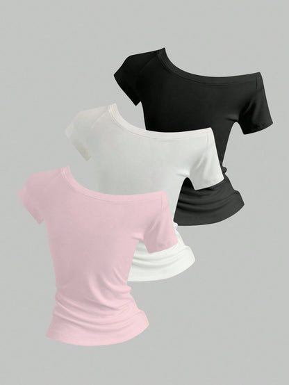 Sweetra 3pcs Women's Summer Asymmetric Neck Fitted T-Shirts, Basic Asymmetric Neck Tops In Black, White, Pink