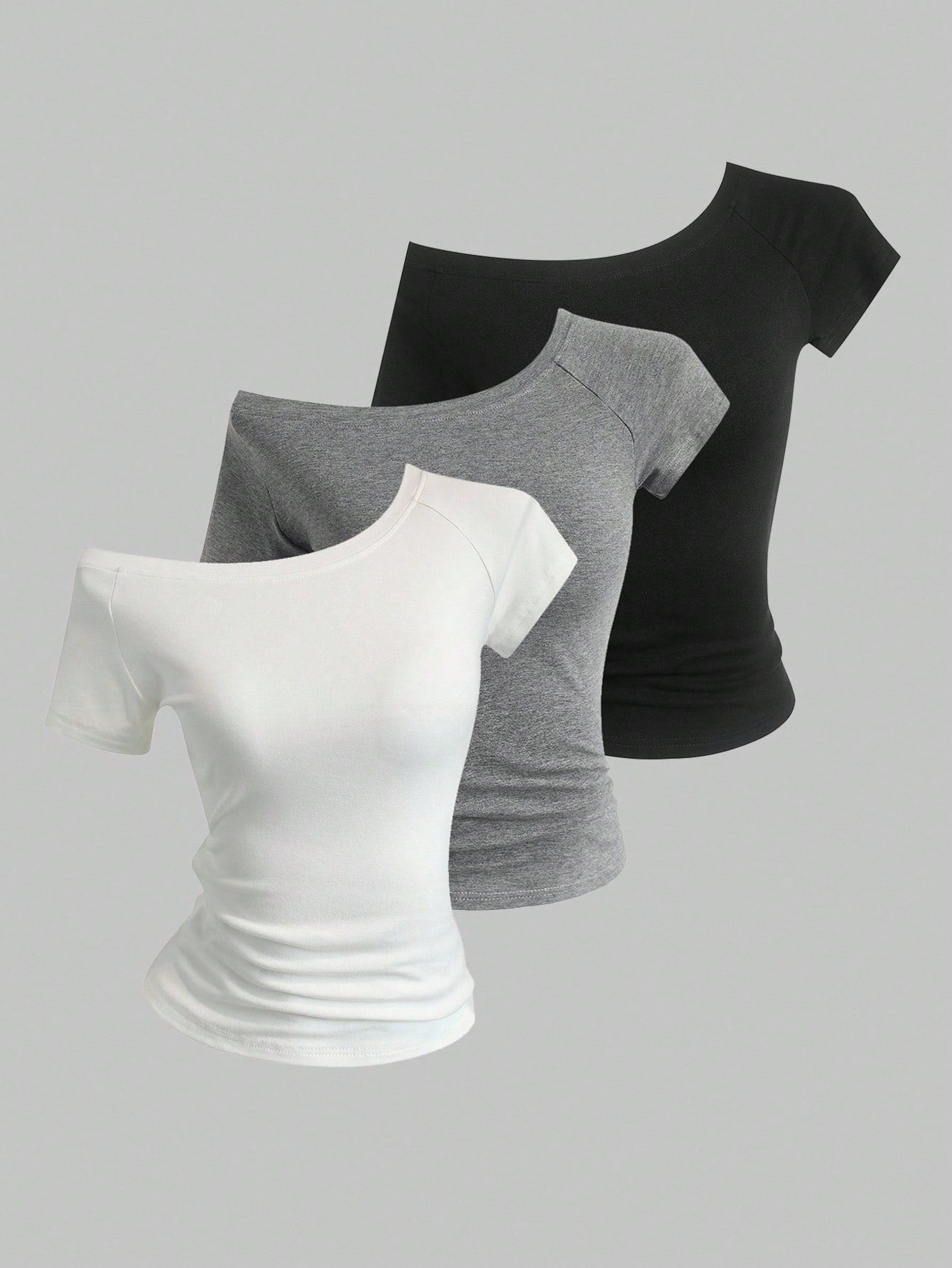 Sweetra 3pcs Women's Summer Asymmetric Neck Fitted T-Shirts, Basic Asymmetric Neck Tops In Black, White, Pink