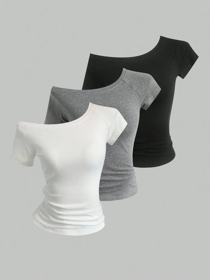 Sweetra 3pcs Women's Summer Asymmetric Neck Fitted T-Shirts, Basic Asymmetric Neck Tops In Black, White, Pink