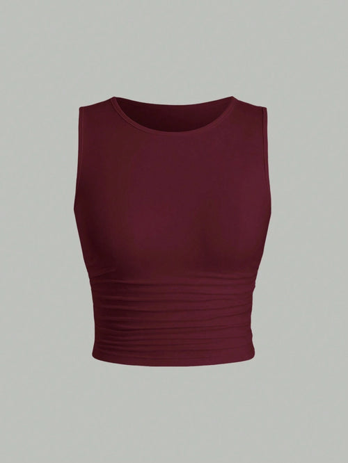 Sweetra Casual Solid Color Ruched Fitted Tank Top, Summer