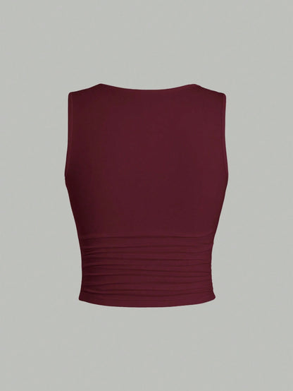 Sweetra Casual Solid Color Ruched Fitted Tank Top, Summer
