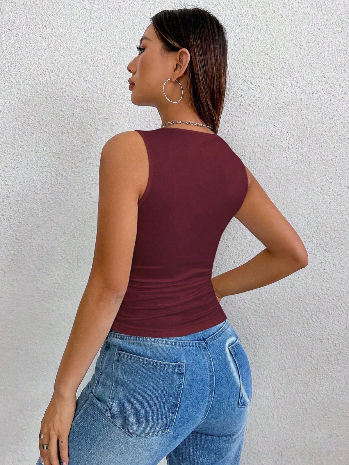 Sweetra Casual Solid Color Ruched Fitted Tank Top, Summer