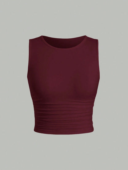 Sweetra Casual Solid Color Ruched Fitted Tank Top, Summer