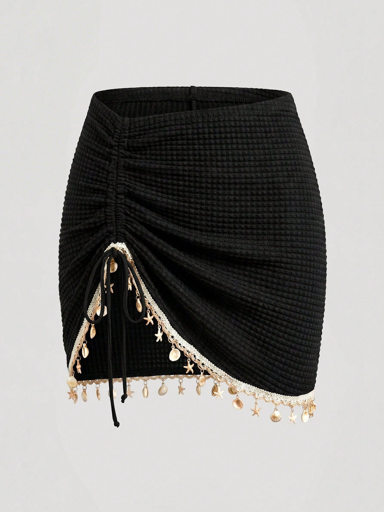 Sweetra CURVE Plus Size Women's Summer Beach Vacation Drawstring Ruched Starfish Shell Tassel Solid Color Special Texture Fabric Split Skirt