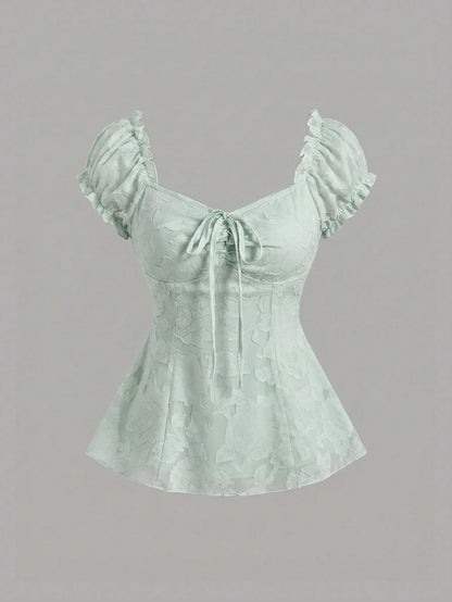 Sweetra Elegant Floral Embroidered Chiffon Blouse With Bow Tie, Sweet And Charming Summer Top For Women