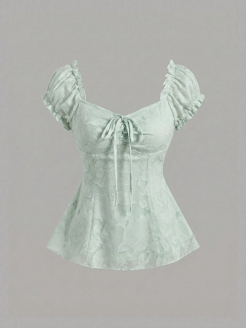 Sweetra Elegant Floral Embroidered Chiffon Blouse With Bow Tie, Sweet And Charming Summer Top For Women