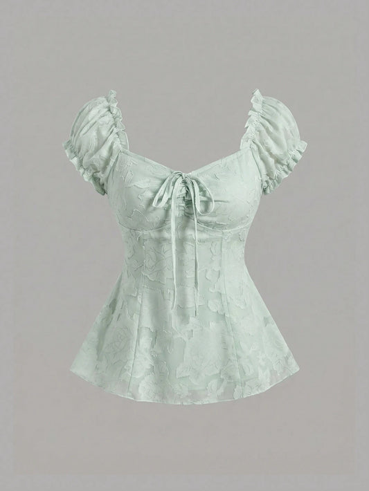 Sweetra Elegant Floral Embroidered Chiffon Blouse With Bow Tie, Sweet And Charming Summer Top For Women