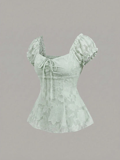 Sweetra Elegant Floral Embroidered Chiffon Blouse With Bow Tie, Sweet And Charming Summer Top For Women