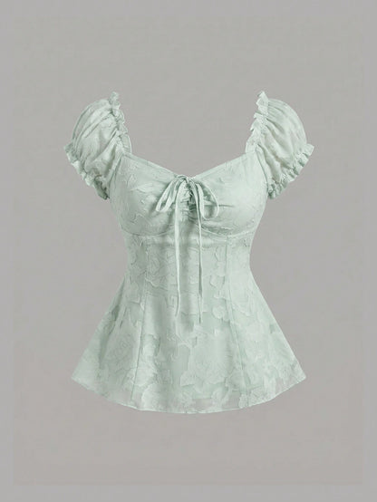 Sweetra Elegant Floral Embroidered Chiffon Blouse With Bow Tie, Sweet And Charming Summer Top For Women