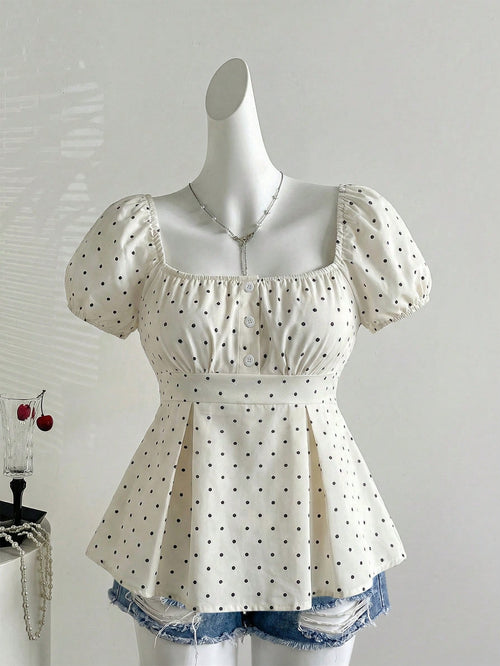 Sweetra French Style Black And White Polka Dot Puff Sleeve Square Collar A-Line Blouse,Summer Cute Everyday Elegant Minimalist Button Plus Size Women Shirt